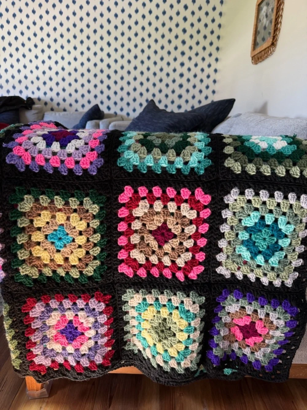 Handmade Vintage Style Black Trim Granny Square Afghan Roseanne Couch Blanket